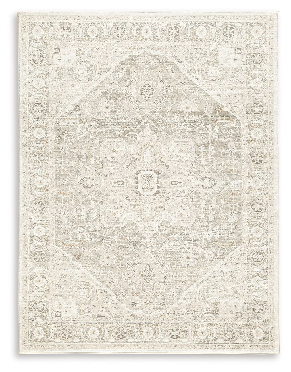 Beige area rug with medallion motif and ornate geometric border