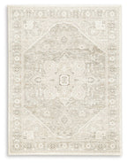 Beige area rug with medallion motif and ornate geometric border