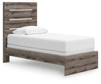 Dark gray panel bed frame with slatted headboard and white upholstered mattress