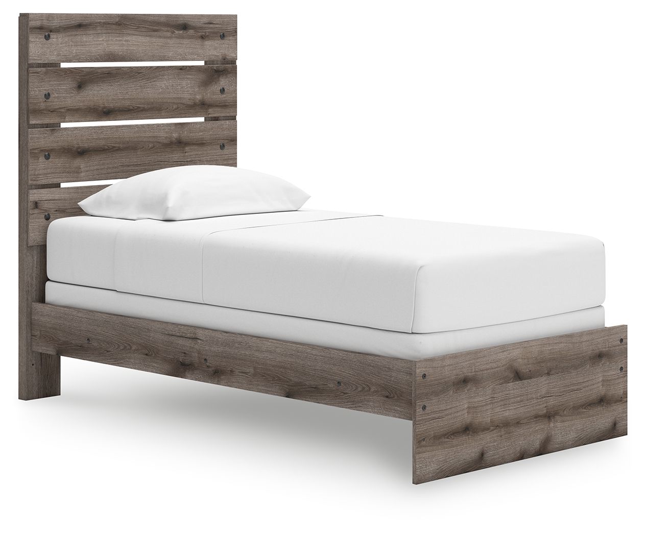 Dark gray panel bed frame with slatted headboard and white upholstered mattress