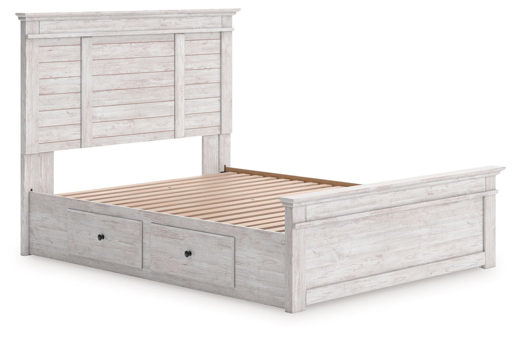 White panel storage bed with slatted base and two front drawers in the storage frame.