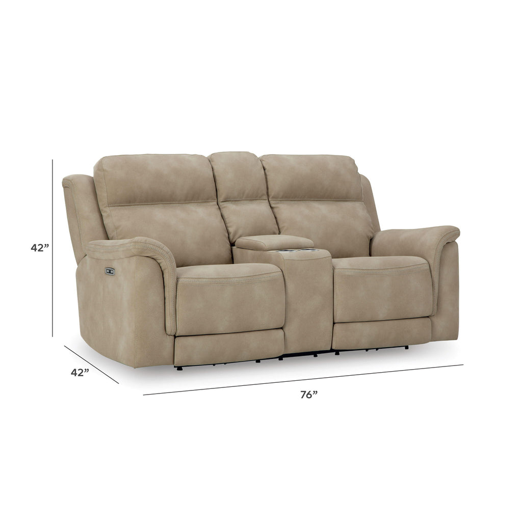 Beige power reclining loveseat with center console and padded arms, two recline seats