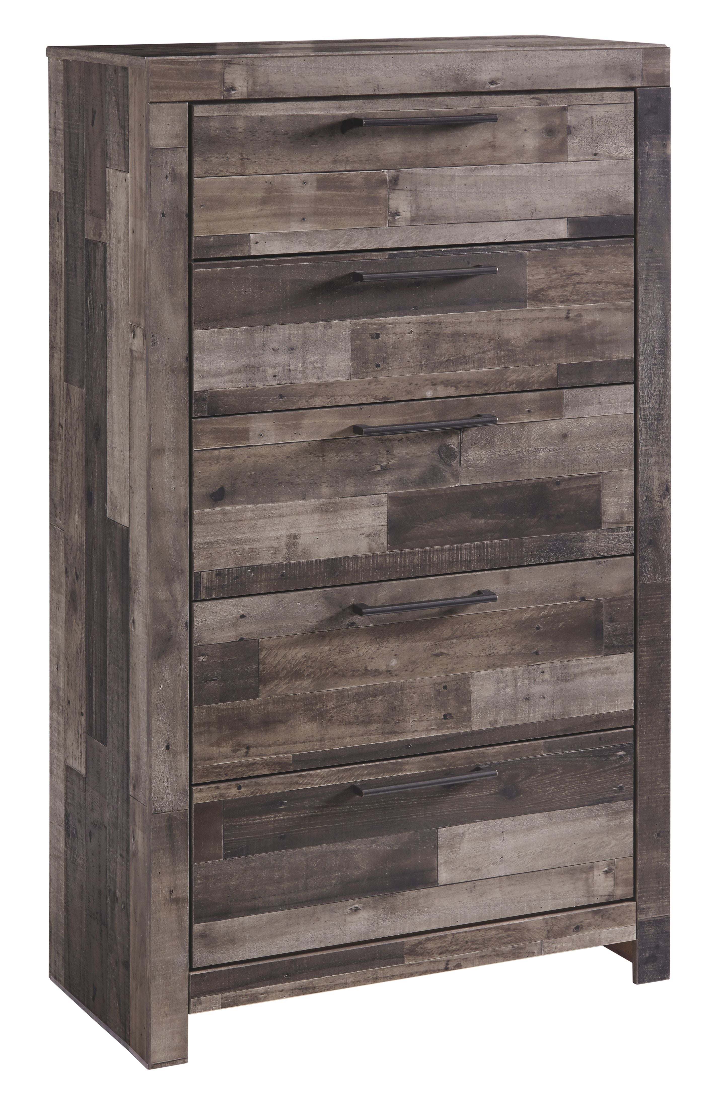 Five-drawer chest in multi gray rustic wood with five bar pull drawers