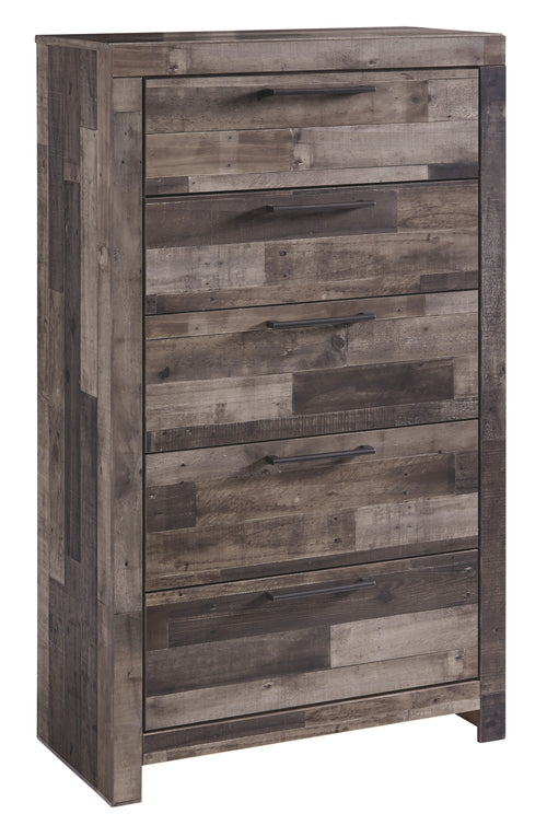 Five-drawer chest in multi gray rustic wood with five bar pull drawers