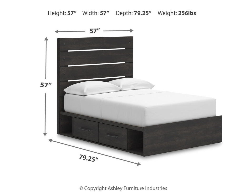 Dark gray panel bed with two front drawers and slatted headboard, white mattress