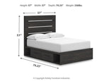 Dark gray panel bed with two front drawers and slatted headboard, white mattress