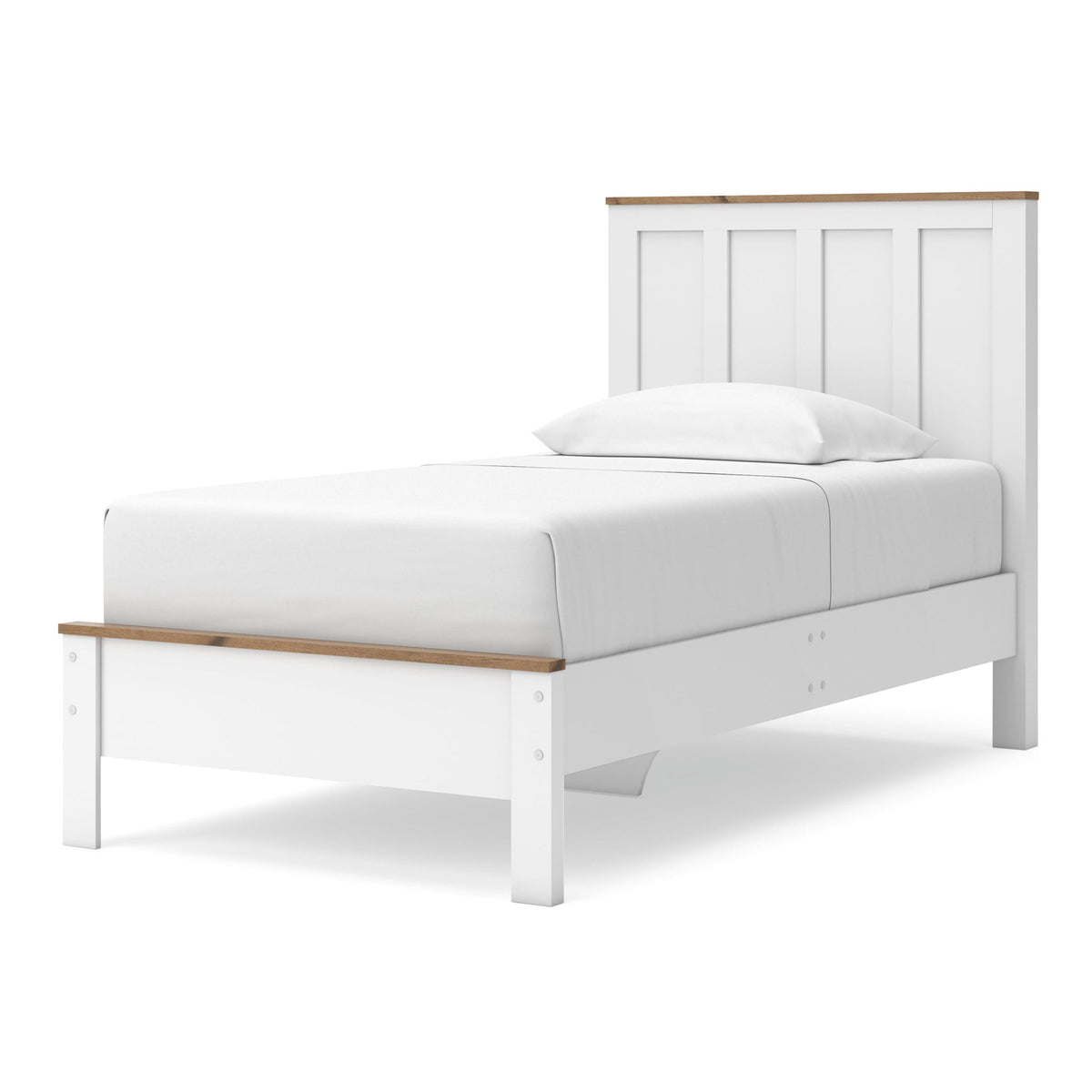 White panel bed frame with tall headboard and wooden accent top rail
