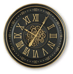 Black and gold wall clock with skeleton-style gears and Roman numeral dial
