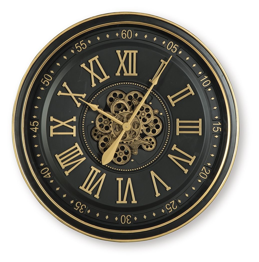 Black and gold wall clock with skeleton-style gears and Roman numeral dial