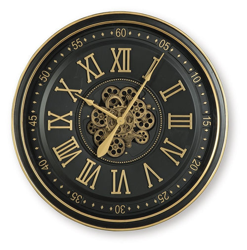Black and gold wall clock with skeleton-style gears and Roman numeral dial