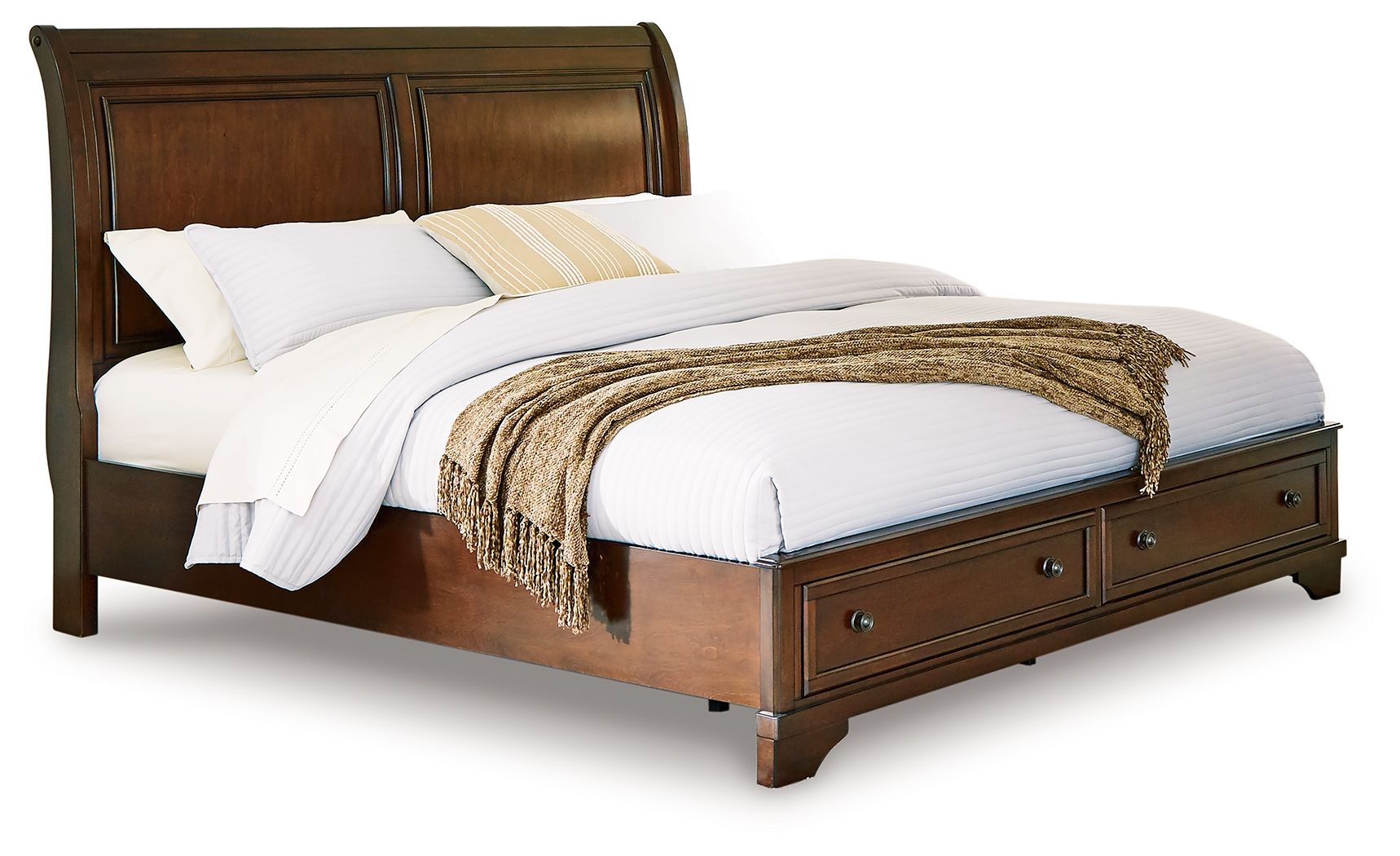 Queen sleigh storage bed, brown wood frame with side drawers and panel headboard