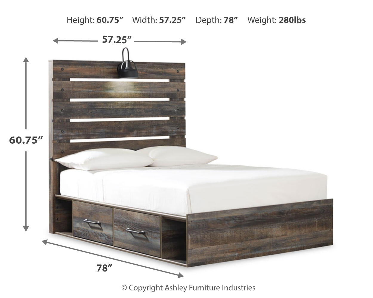 Panel bed with dark distressed wood frame, slat headboard, and two side drawers; measurements shown