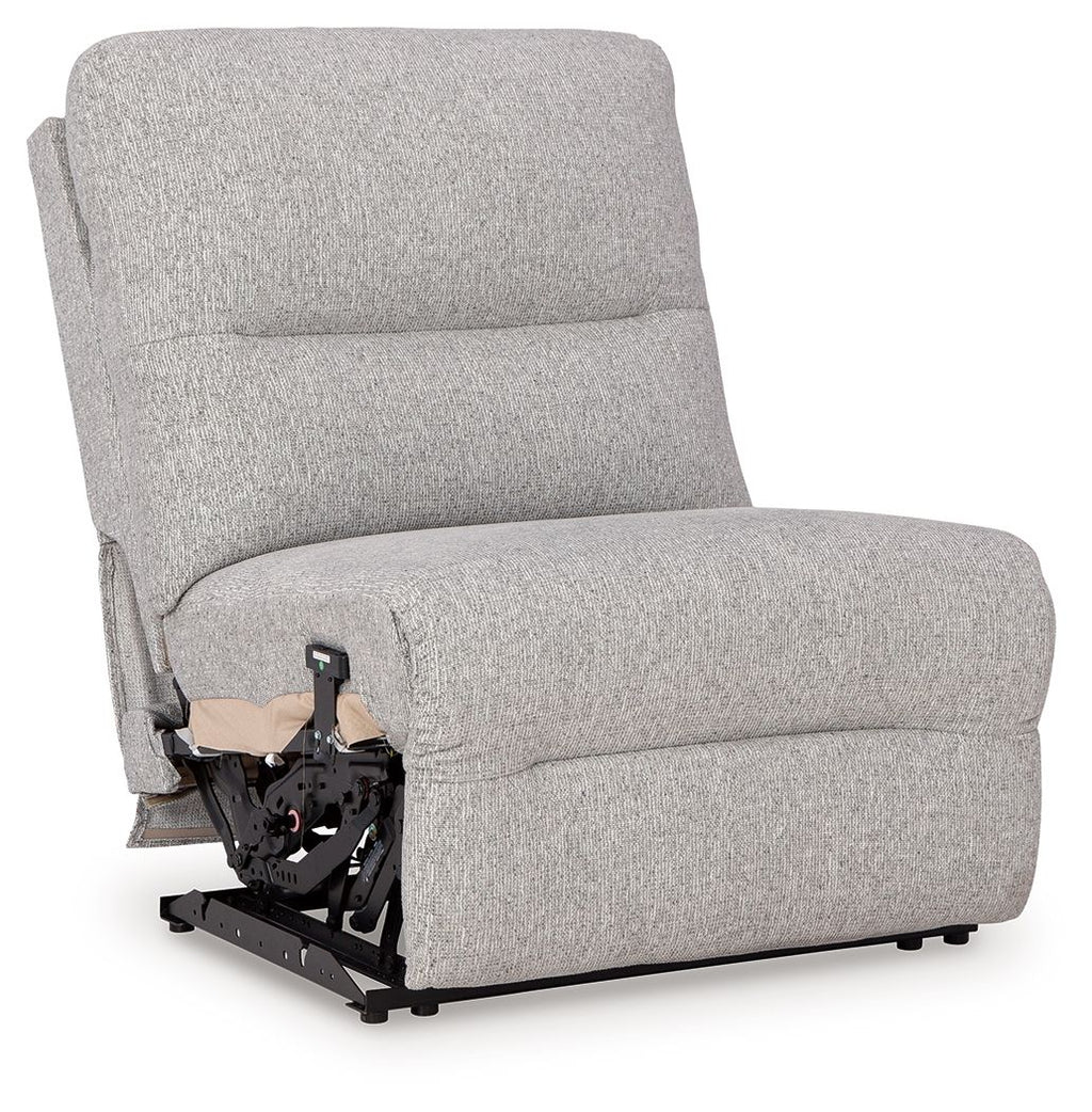 Pewter armless power recliner with adjustable headrest, textured fabric upholstery