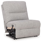 Pewter armless power recliner with adjustable headrest, textured fabric upholstery