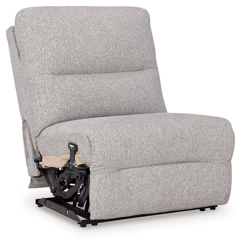 Pewter armless power recliner with adjustable headrest, textured fabric upholstery
