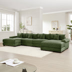 Green corduroy sectional sofa with ottoman chaise and back cushions