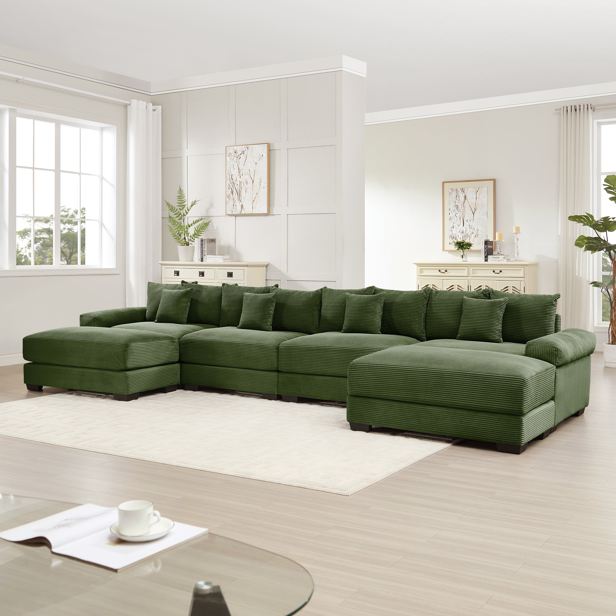 Green corduroy sectional sofa with ottoman chaise and back cushions