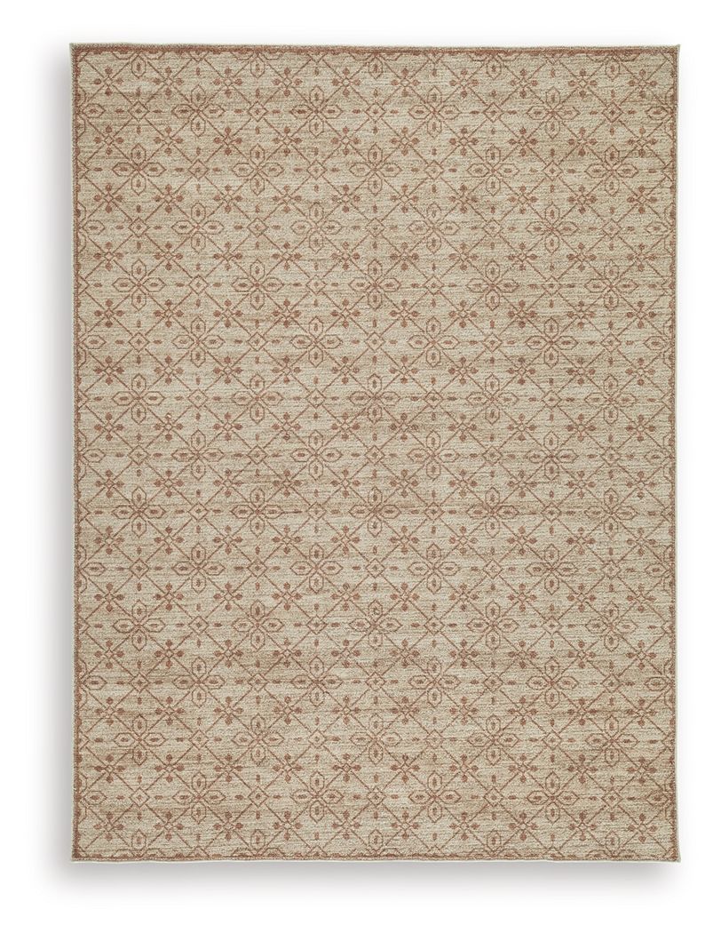 Area rug with beige base and repeating red diamond-like pattern, narrow border trim