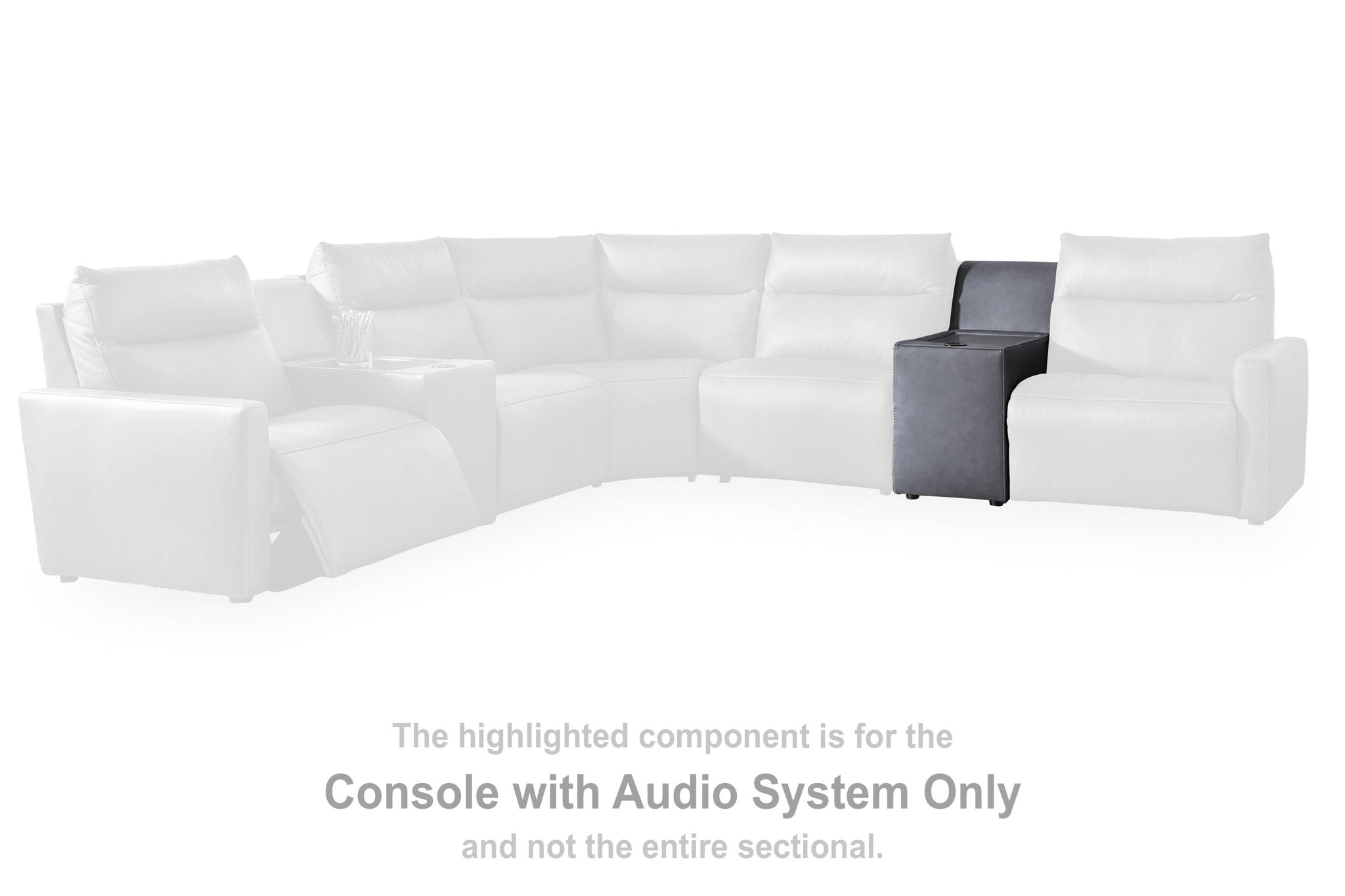 Highlighted dark gray audio console chair within a white modular sectional
