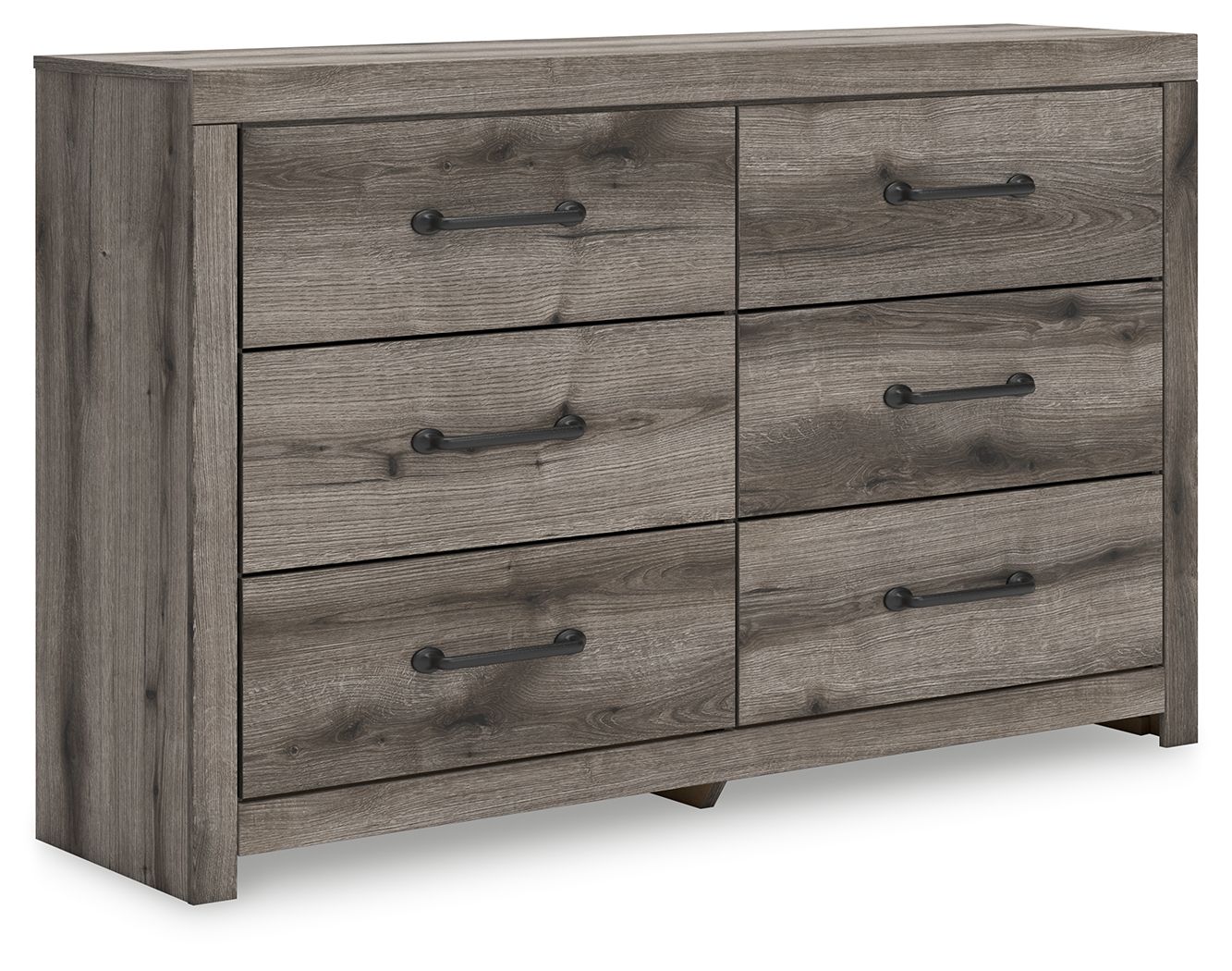 Six-drawer dresser with gray-brown wood finish and black bar pulls, front view