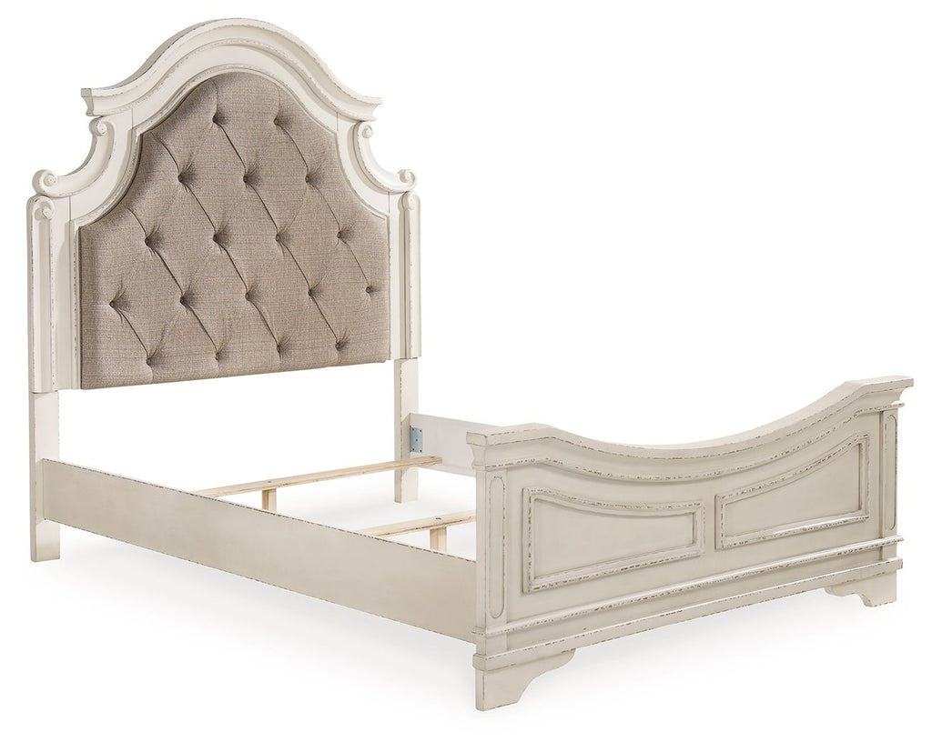 Upholstered panel bed with tufted headboard, white frame, and visible under-bed support