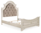 Upholstered panel bed with tufted headboard, white frame, and visible under-bed support