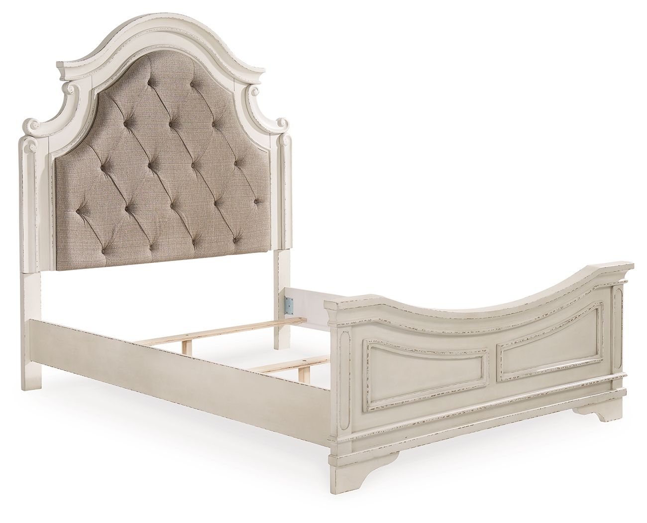 Upholstered panel bed with tufted headboard, white frame, and visible under-bed support