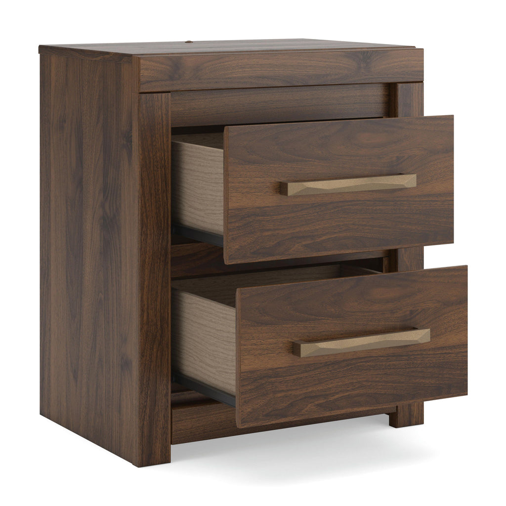 Brown two-drawer nightstand with bar pulls and partially open drawers