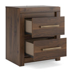 Brown two-drawer nightstand with bar pulls and partially open drawers