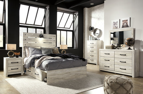 Youth bedroom set with light wood bed frame, two nightstands, and dresser with mirror