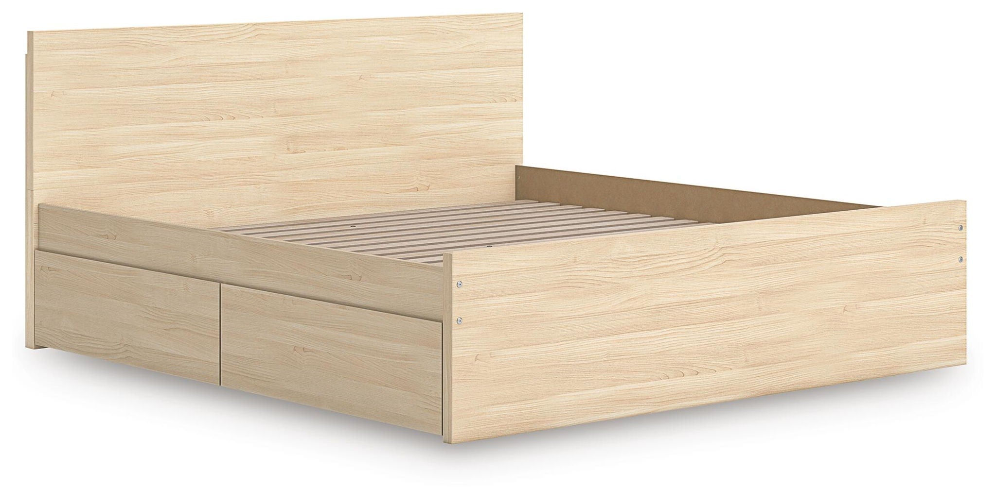 Light brown panel platform bed with open underbed storage and underbed drawers, slat support