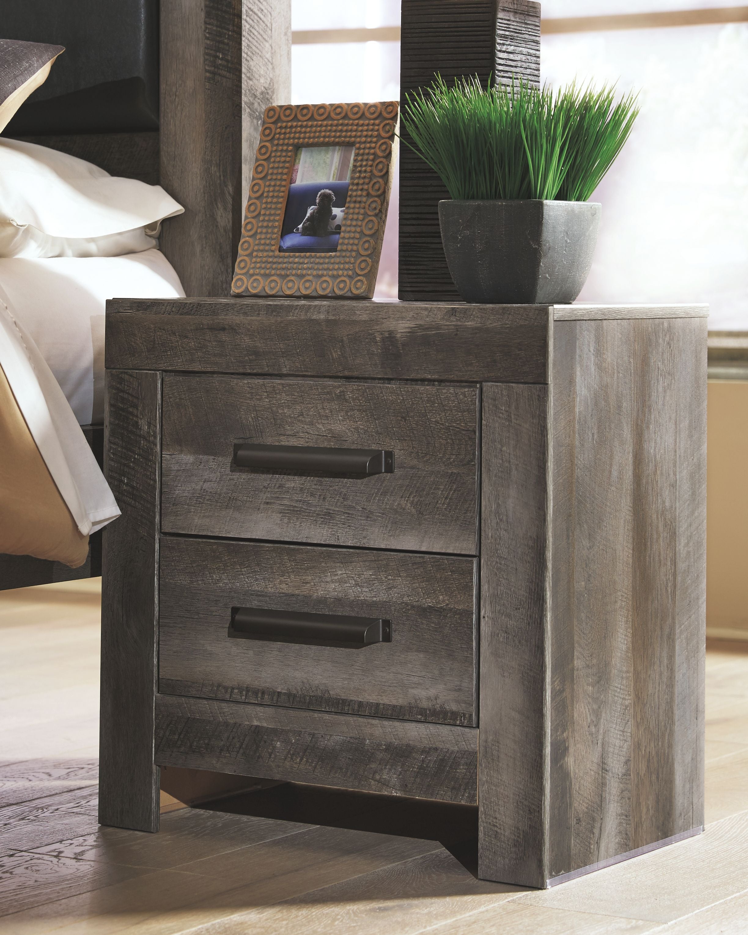 Gray two-drawer nightstand with black drawer pulls and distressed wood finish
