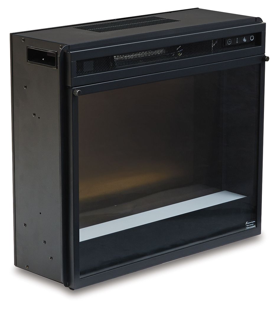 Black fireplace insert with glass door and mesh top vent