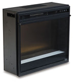 Black fireplace insert with glass door and mesh top vent