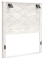 Queen panel headboard in white wood with geometric diagonal panel and black finials