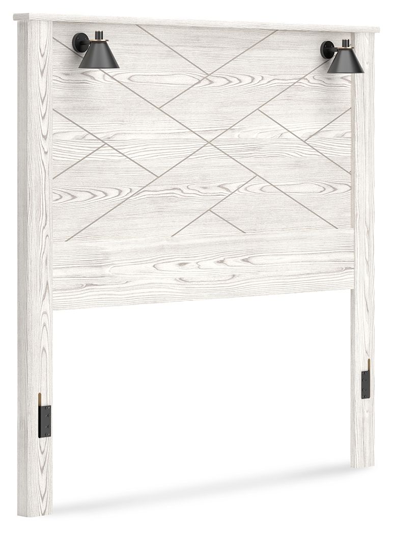 Queen panel headboard in white wood with geometric diagonal panel and black finials