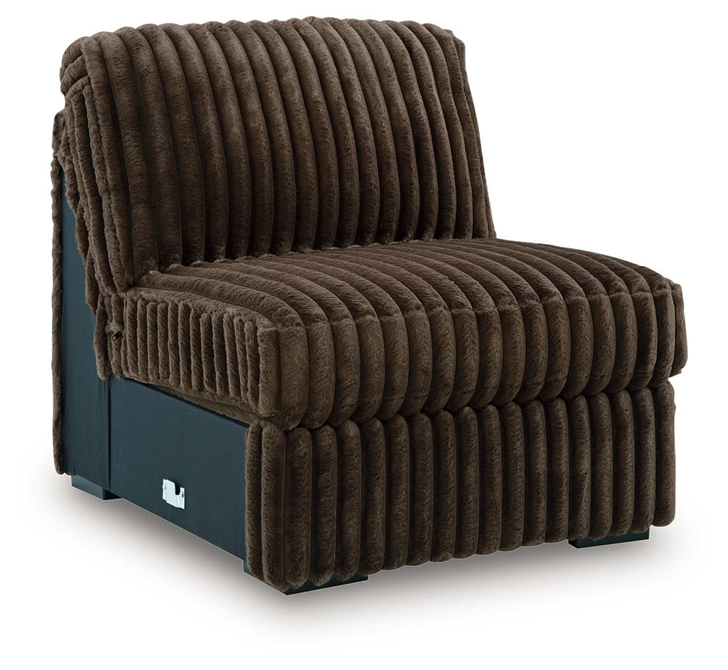 Chocolate-brown armless chair with channel-stuffed cushions and side arm panels.