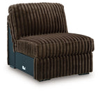 Chocolate-brown armless chair with channel-stuffed cushions and side arm panels.