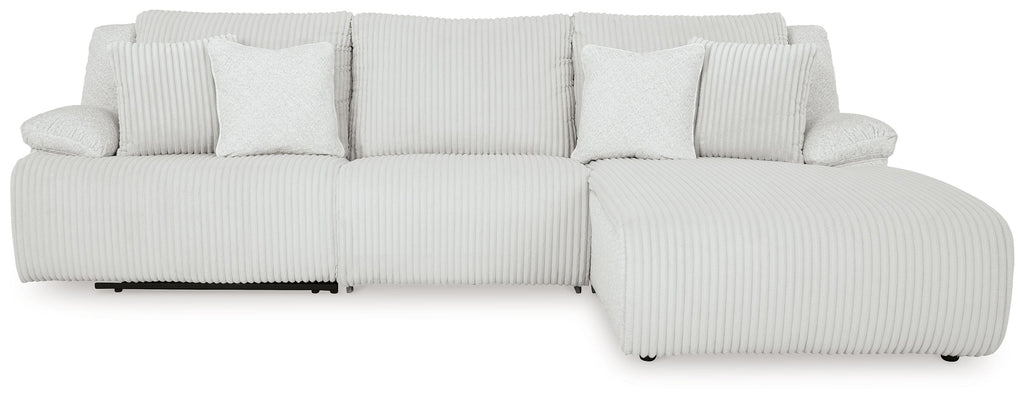 Light gray reclining sectional sofa with chaise and striped upholstery