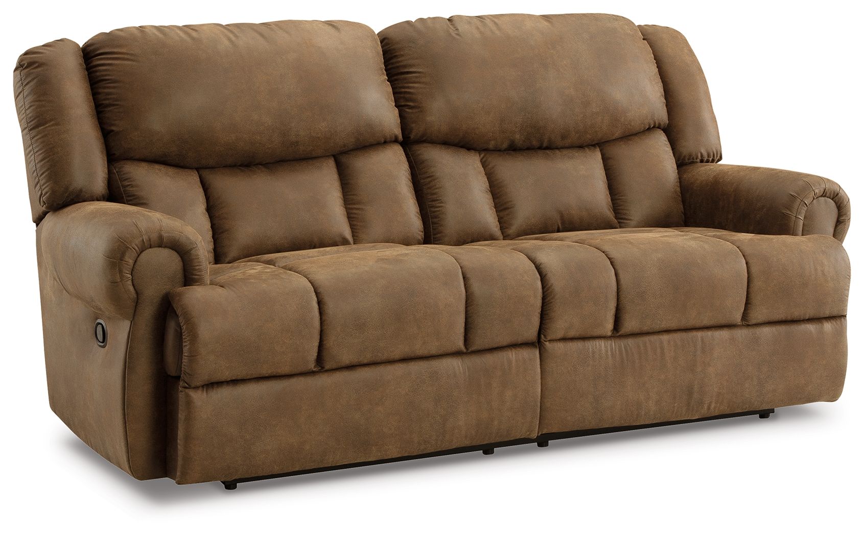 Reclining sofa loveseat with cushioned back, rounded arms, and brown upholstery