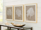 Three framed tree silhouette wall art prints in taupe and white, each in a light frame