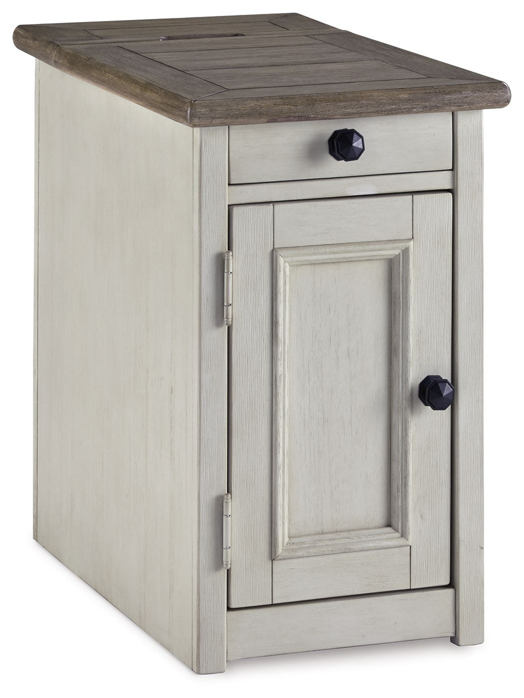 Chair side end table with white cabinet and dark top, 1 door and 1 drawer