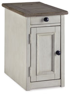 Chair side end table with white cabinet and dark top, 1 door and 1 drawer