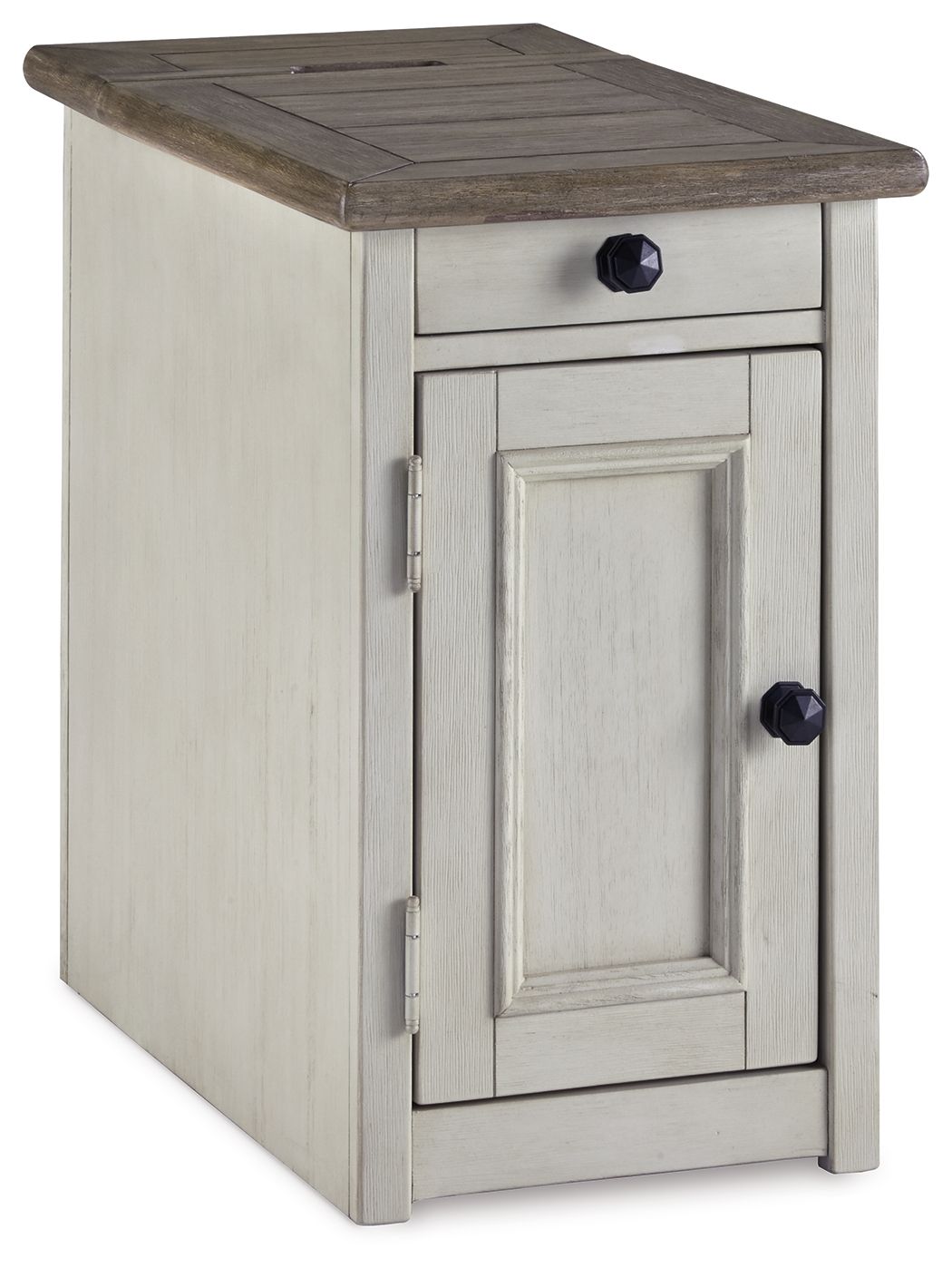 Chair side end table with white cabinet and dark top, 1 door and 1 drawer