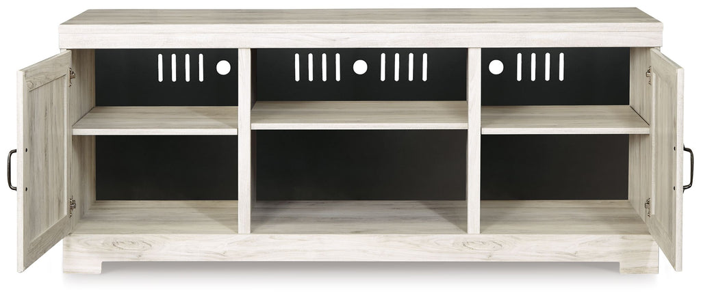 Light beige wood TV stand with three open shelves and two side doors