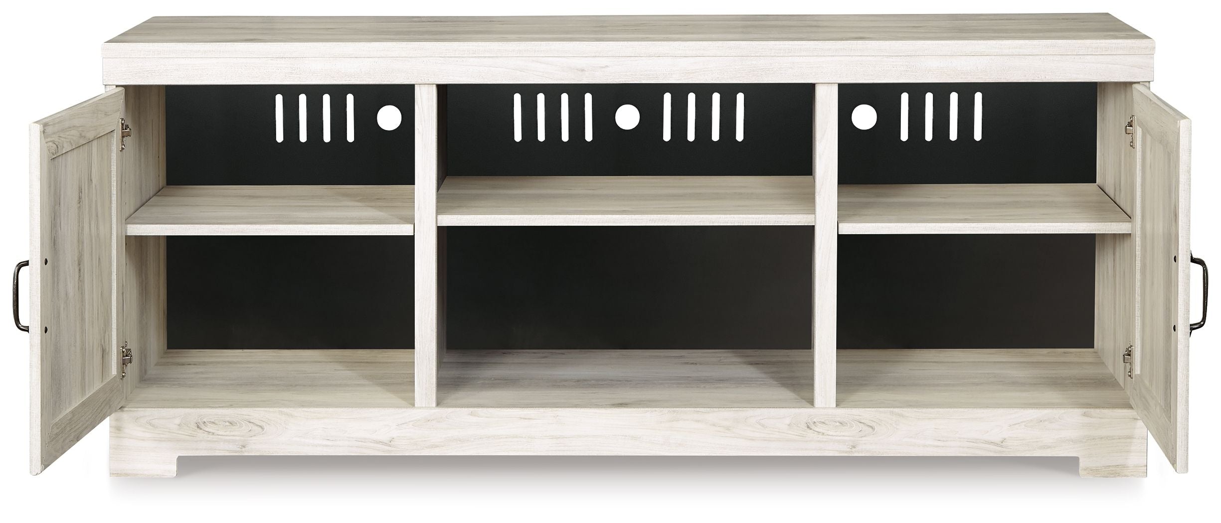 Light beige wood TV stand with three open shelves and two side doors