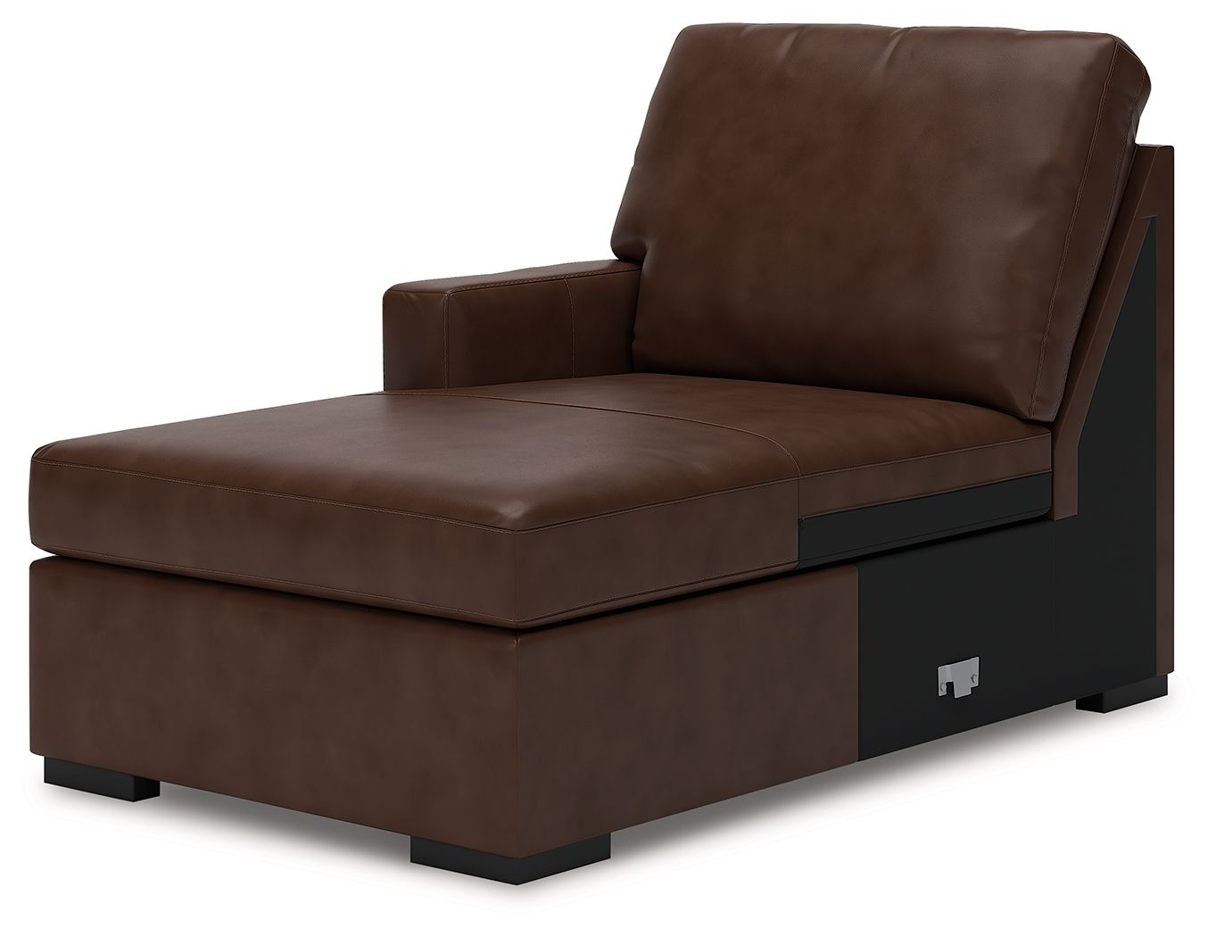 Coffee brown corner chaise with tall backrest and chaise-style ottoman base