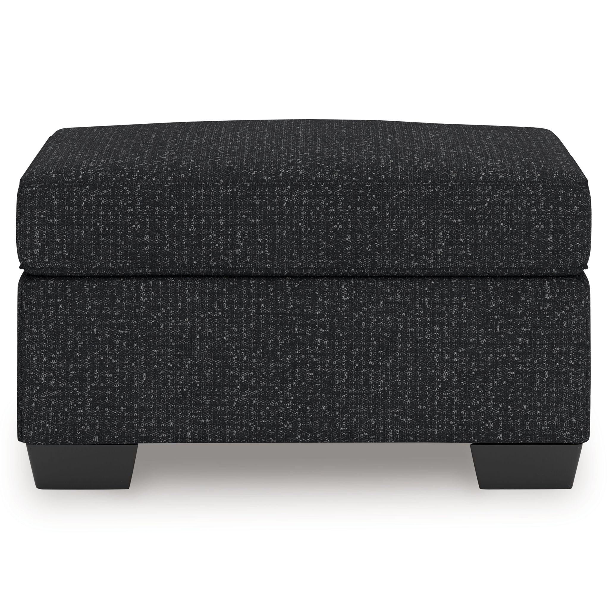 Dark textured upholstered ottoman with rectangular profile and short block legs