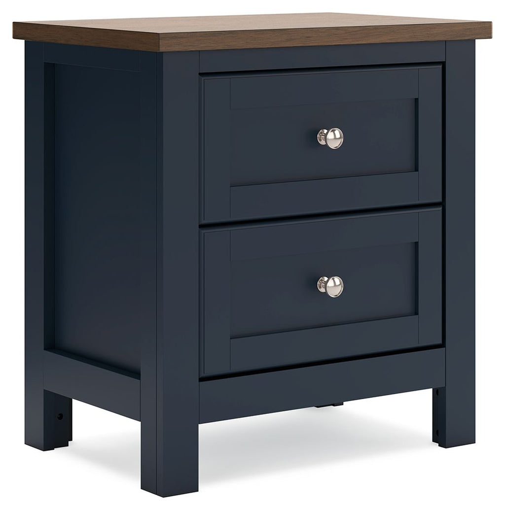 Two-drawer nightstand with dark blue drawers, wood top, round silver knobs
