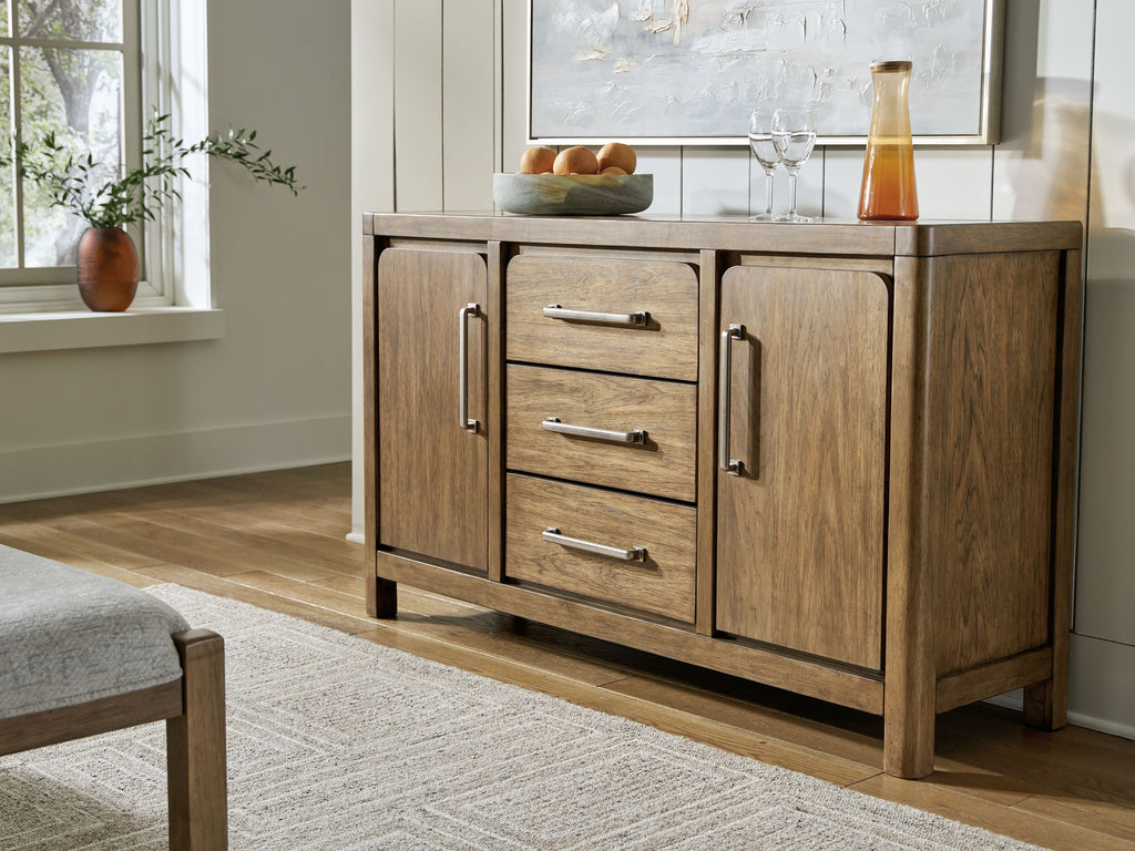 Dining room server with side cabinet doors and three pull-out drawers, light brown